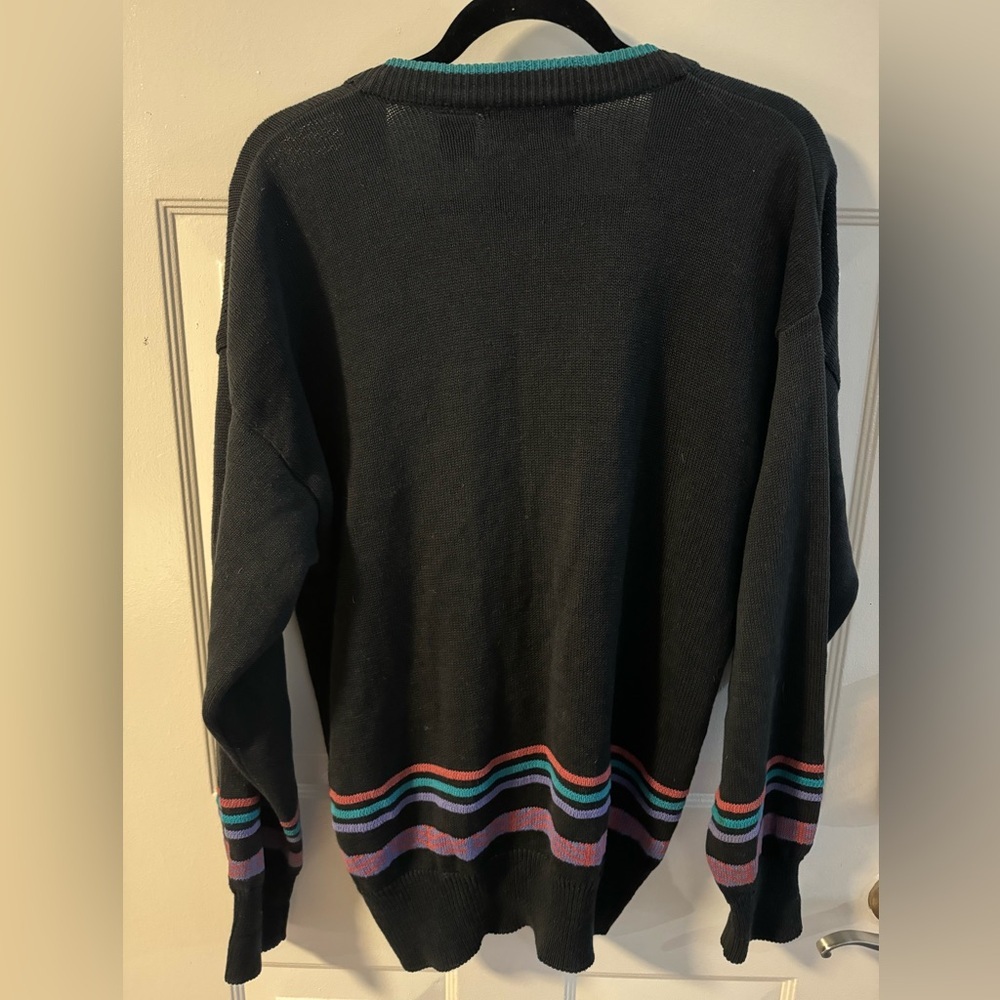 Vintage Bugle Boy Aztec Stipe Eclectic Grandpa Button Up Cardigan Purple Teal - Picture 11 of 12